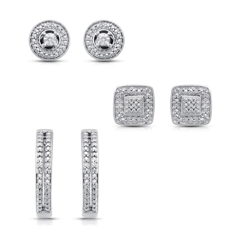 Jewelili Stud and Hoop Earrings Set with Natural White Round Diamonds over Sterling Silver