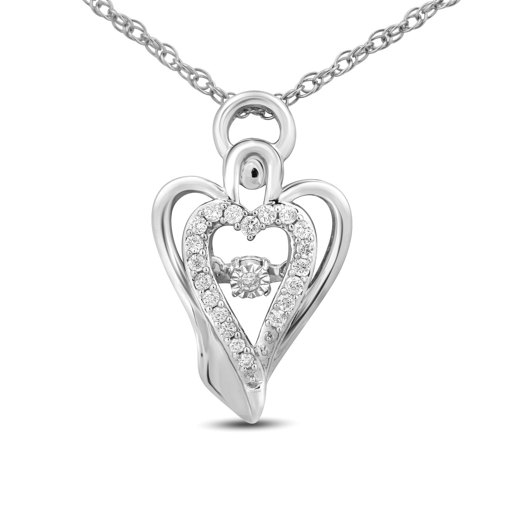 Jewelili Novelties Miracle Set Pendant Necklace with Natural White Round Dancing Diamonds in Sterling Silver 1/10 CTTW 