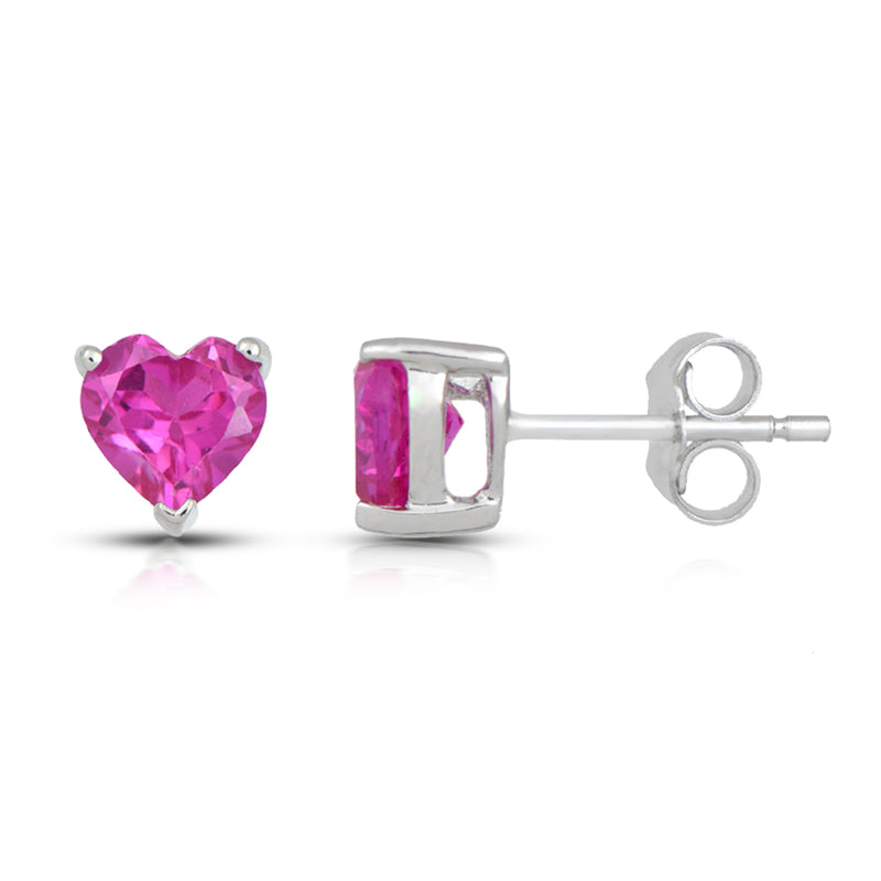 Jewelili Sterling Silver with Heart Created Pink Sapphire and Natural White Round Diamonds Stud Earrings, Pendant Necklace and Ring, 18" Cable Chain Box Set
