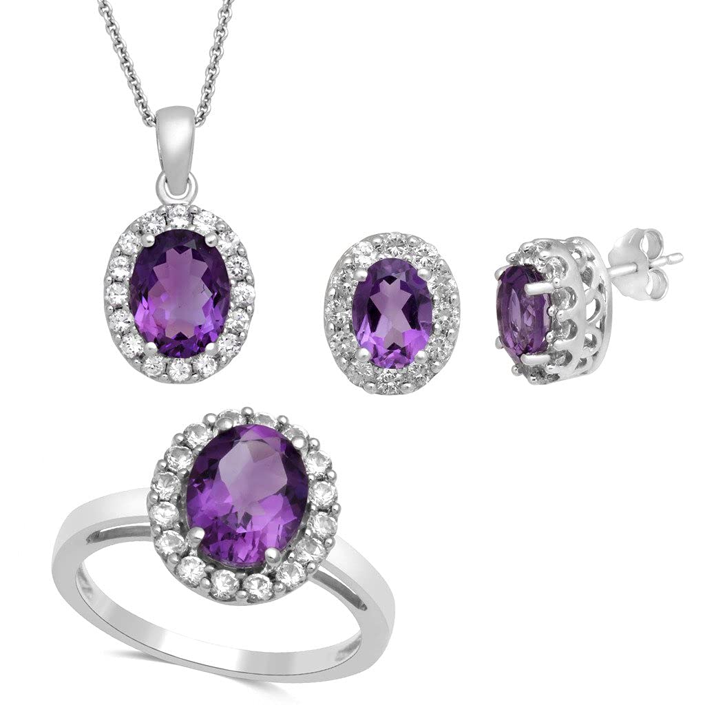 Jewelili Sterling Silver with Oval Shape Amethyst and Round Created White Sapphire Stud Earrings & Halo Pendant Necklace, 18