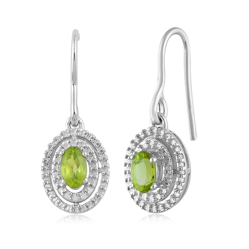 Jewelili Sterling Silver with 7x5 MM and 5X3 MM Oval Shape Peridot, Round Created White Sapphire and Natural White Round Diamonds Ring, Pendant and Earrings Set