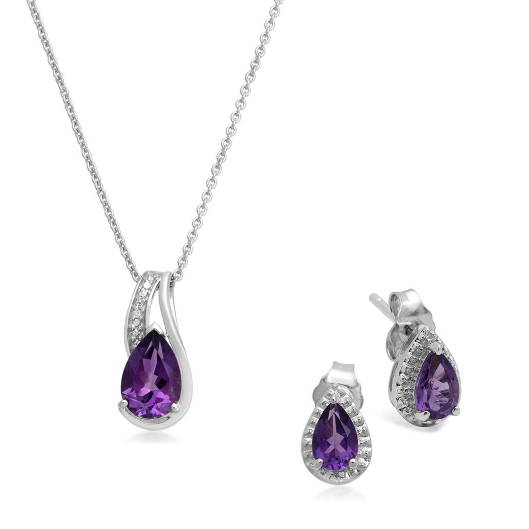 Jewelili Teardrop Jewelry Set with Pear Amethyst and Diamonds in Sterling Silver View 1