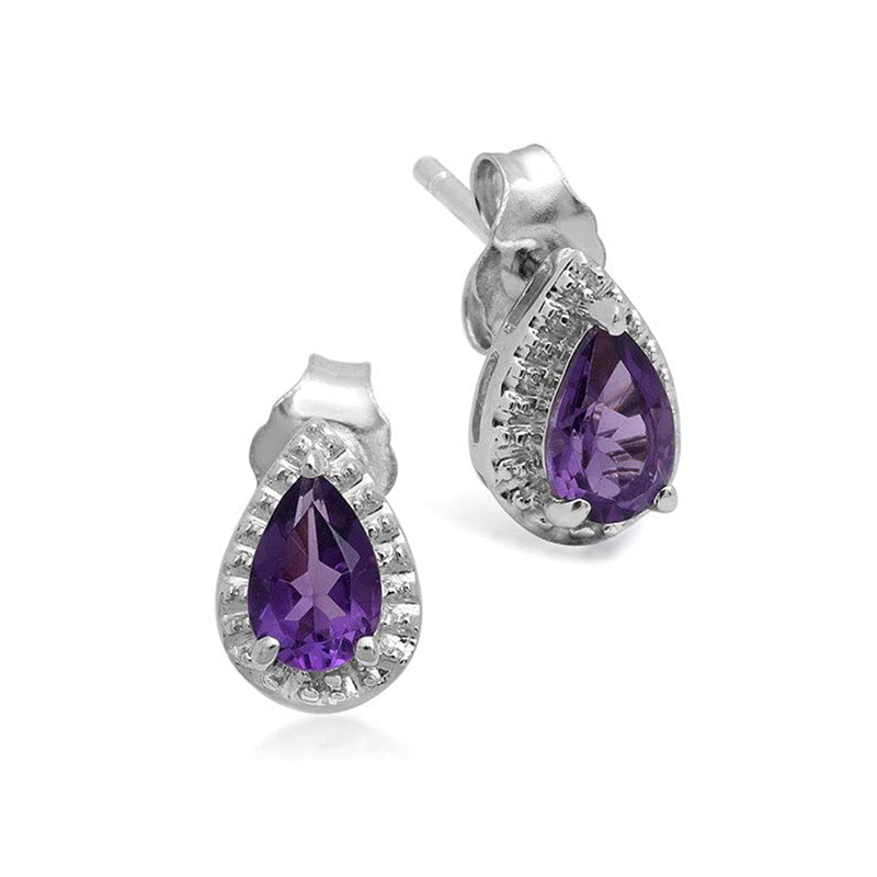 Jewelili Teardrop Jewelry Set with Pear Amethyst and Diamonds in Sterling Silver View 4