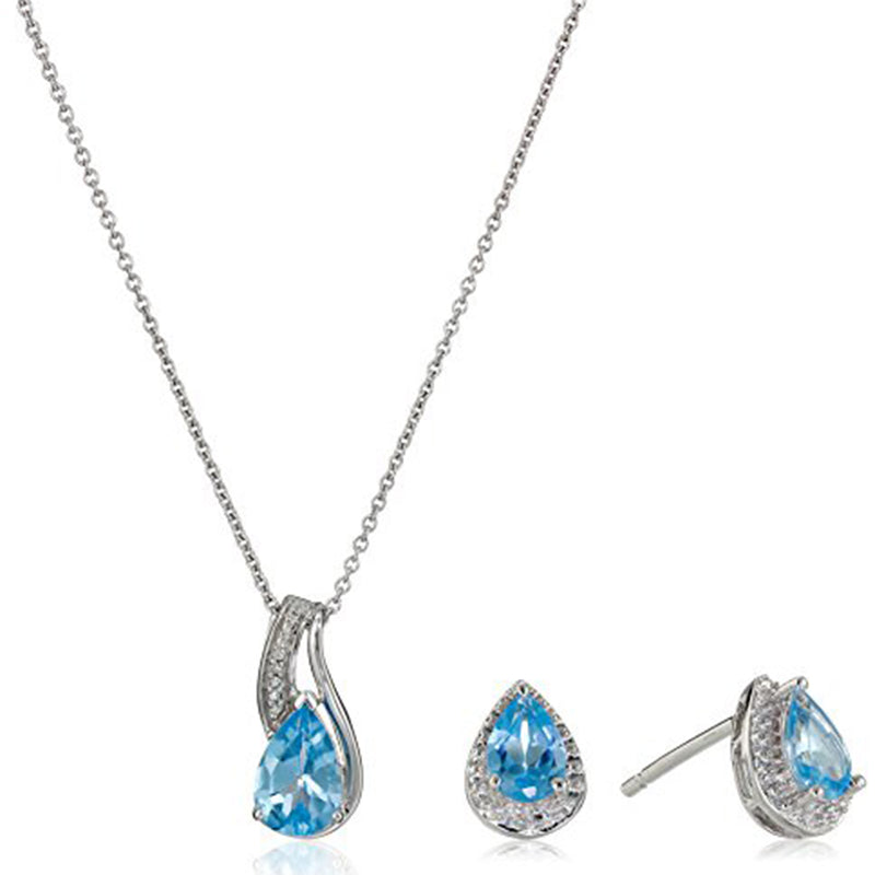 Jewelili Sterling Silver With Swiss Blue Topaz and White Diamonds Teardrop Jewelry Set