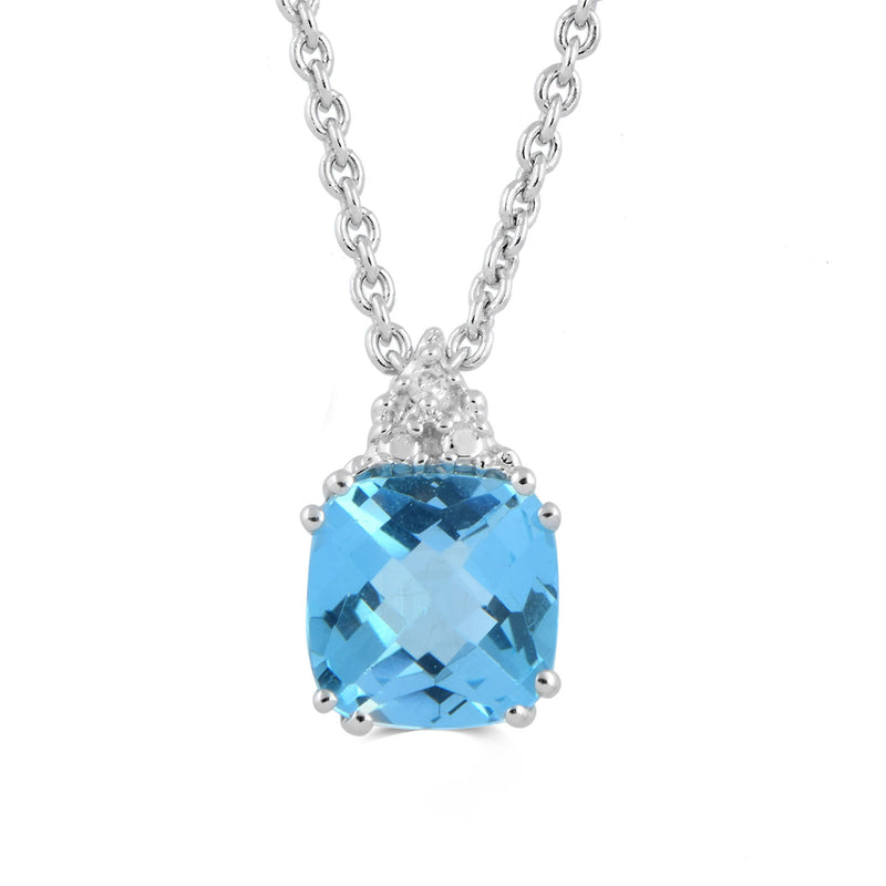 Jewelili Diamond Ring and Pendant Jewelry Set Checkerboard Cushion Swiss Blue Topaz and Natural White in Sterling Silver Jewelry View 1