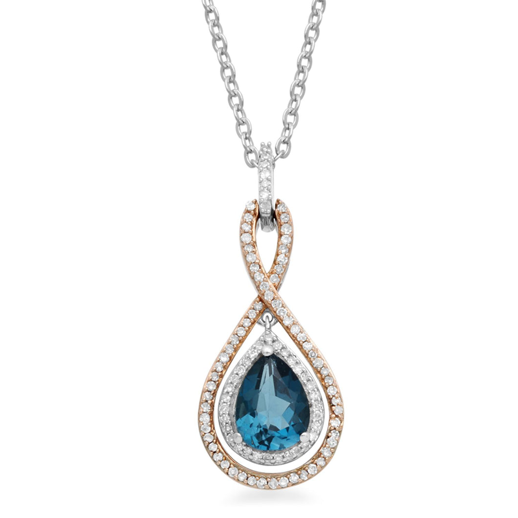 Jewelili Two Tone Infinity Teardrop Pendant Necklace with London Blue Topaz and Diamonds in 10K Rose Gold over Sterling Silver 1/4 CTTW View 1