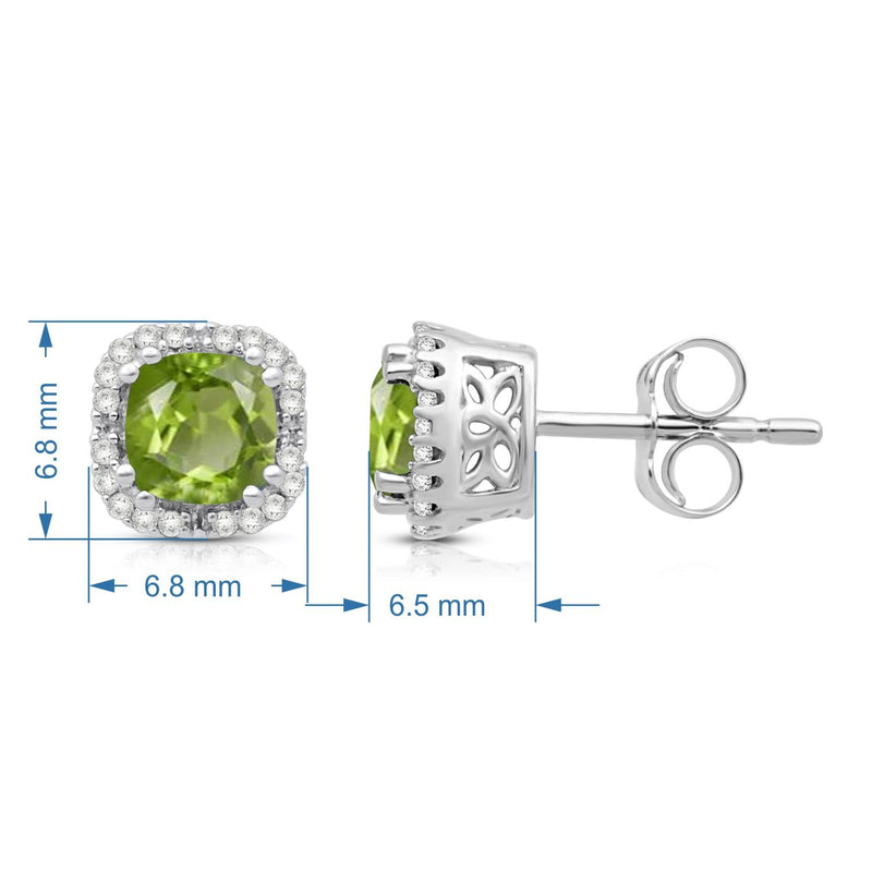Jewelili Peridot Stud Earrings with Round Natural Diamonds and Cushion Cut in 10K White Gold 1/10 CTTW View 3