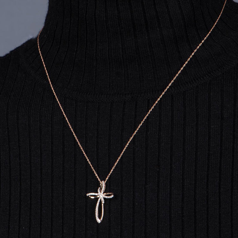 Jewelili 10K Rose Gold With 1/5 CTTW Natural White Diamonds Cross Pendant Necklace