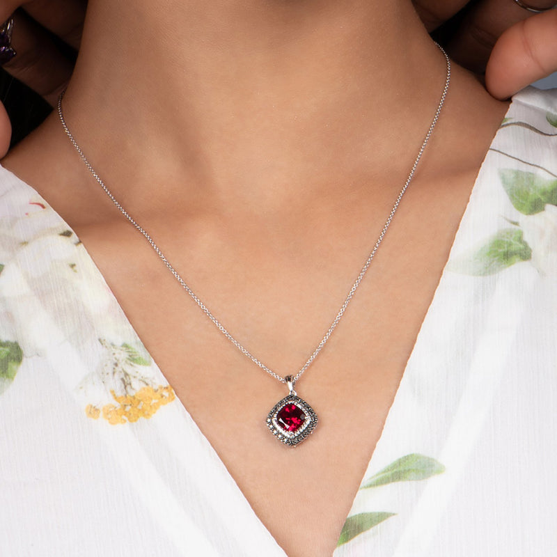 Jewelili Sterling Silver With Created Ruby and Treated Black Diamonds and White Diamonds Pendant Necklace