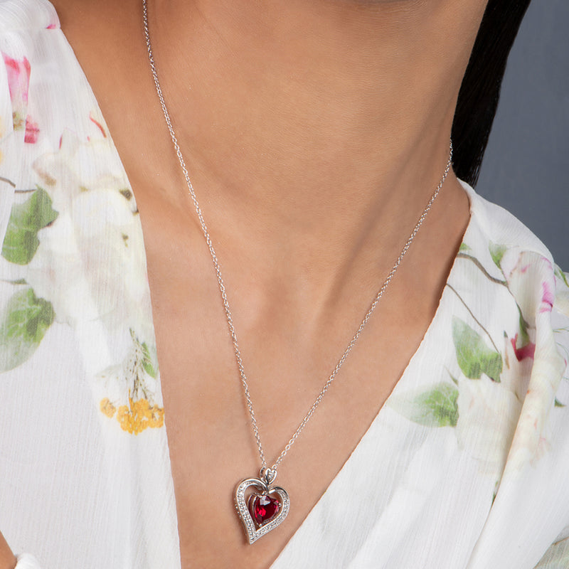 Jewelili Sterling Silver with Created Ruby and Created White Sapphire Pendant Necklace
