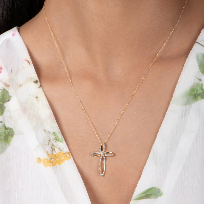 Jewelili 10K Yellow Gold With 1/5 CTTW Natural White Diamonds Cross Pendant Necklace
