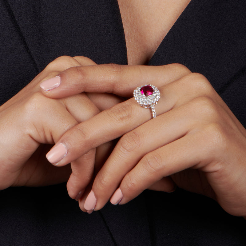 Jewelili Halo Ring with Cushion Cut Created Ruby and Round Created White Sapphire in Sterling Silver View 2