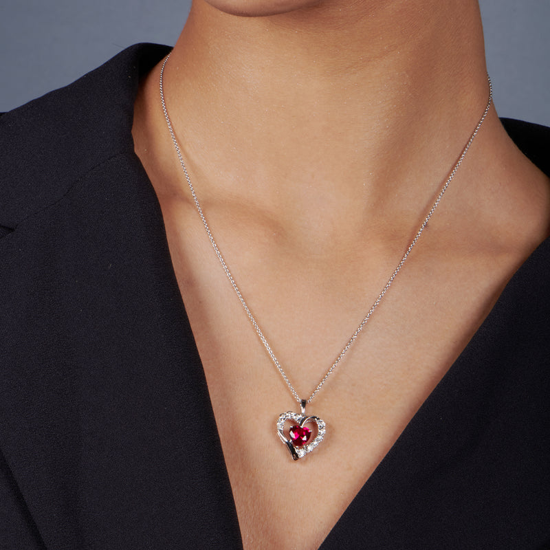 Jewelili Sterling Silver with Created Ruby and Created White Sapphire Heart Pendant Necklace