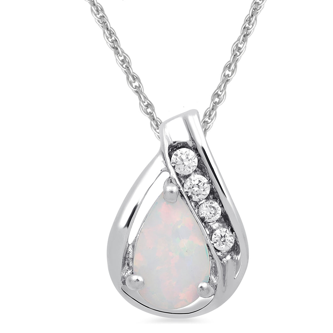Jewelili Sterling Silver With Created Opal and Cubic Zirconia Teardrop Pendant Necklace