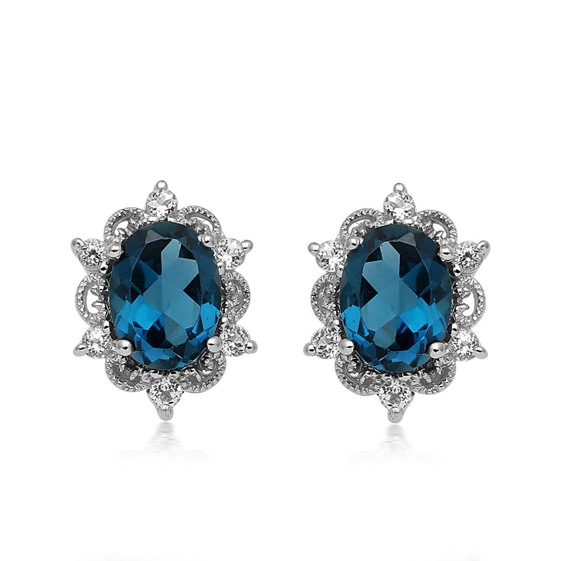 Jewelili Stud Earrings with London Blue Topaz and White Topaz in Sterling Silver View 3