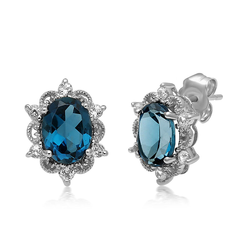 Jewelili Stud Earrings with London Blue Topaz and White Topaz in Sterling Silver View 1
