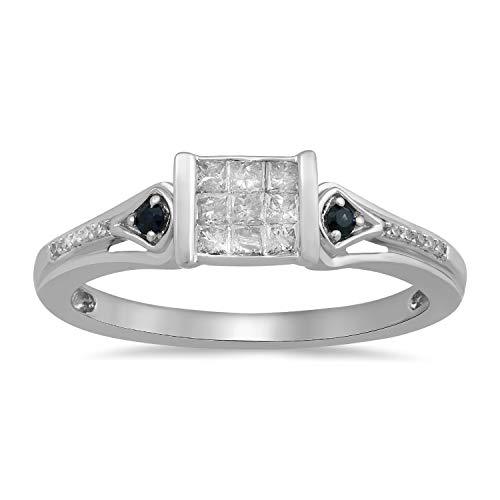 Jewelili Ring with Princess Cut and Round Natural White Diamonds With 1.5mm Blue Sapphire in 10K White Gold 1/4 CTTW View 1