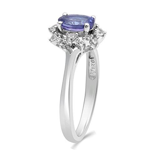 Jewelili Cluster Ring with Oval Shape Tanzanite with Round Created White Sapphire in Sterling Silver View 2