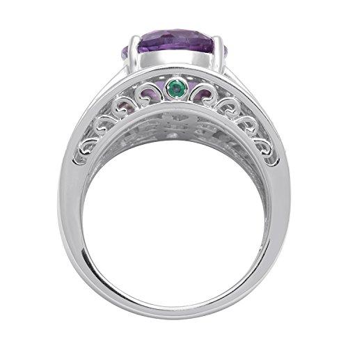 Jewelili Ring Oval Shape Amethyst with Round White Topaz and Natural Emerald Ring in Sterling Silver View 2