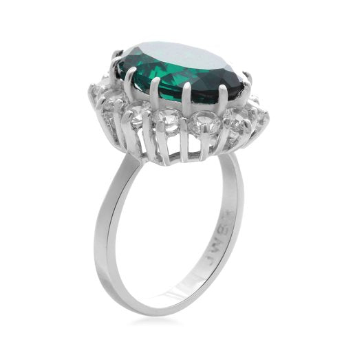 Jewelili Ring with Oval Created Emerald and Round Created White Sapphire in Sterling Silver View 2