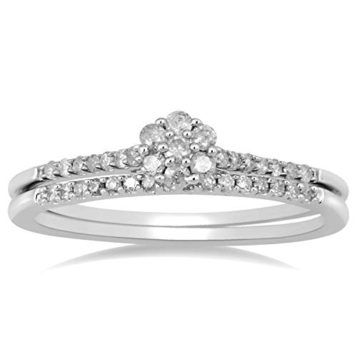 Jewelili Flower Bridal Set Ring with Round Natural White Diamonds in Sterling Silver 1/5 CTTW View 1