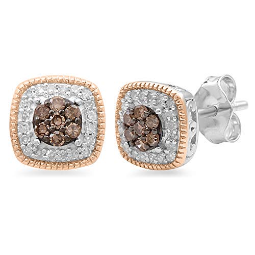 Jewelili Rose Gold over Sterling Silver with 1/4 CTTW Champagne and White Diamonds Cluster Stud Earrings