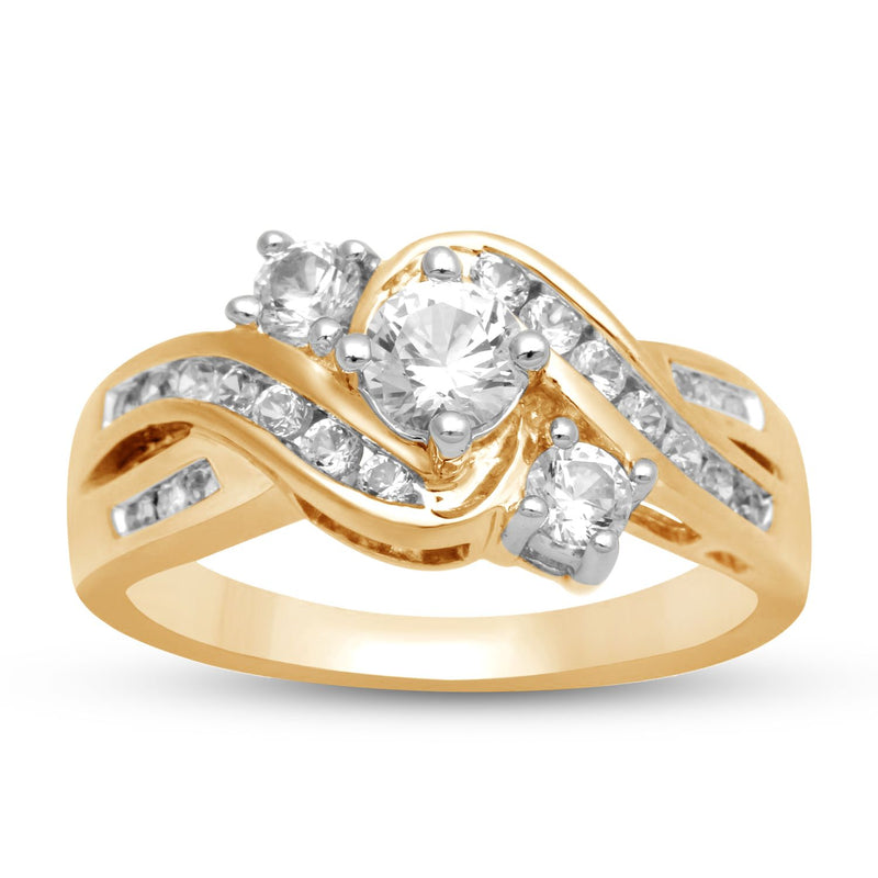 Jewelili 14K Yellow Gold Over Sterling Silver with 3 Stone Created White Sapphire and Diamonds Ring