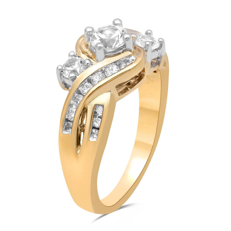 Jewelili 14K Yellow Gold over Sterling Silver With Created White Sapphire and White Diamonds 3 Stone Ring