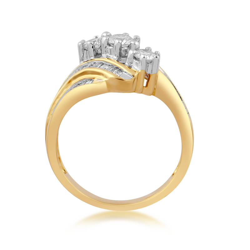 Jewelili 14K Yellow Gold over Sterling Silver With Created White Sapphire and White Diamonds 3 Stone Ring