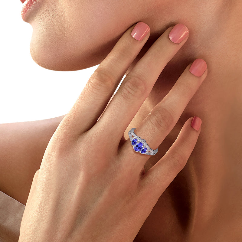 Jewelili Ring with Oval Shape Tanzanite and Natural Round Diamonds in Sterling Silver View 3