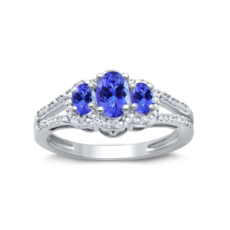 Jewelili Ring with Oval Shape Tanzanite and Natural Round Diamonds in Sterling Silver View 1