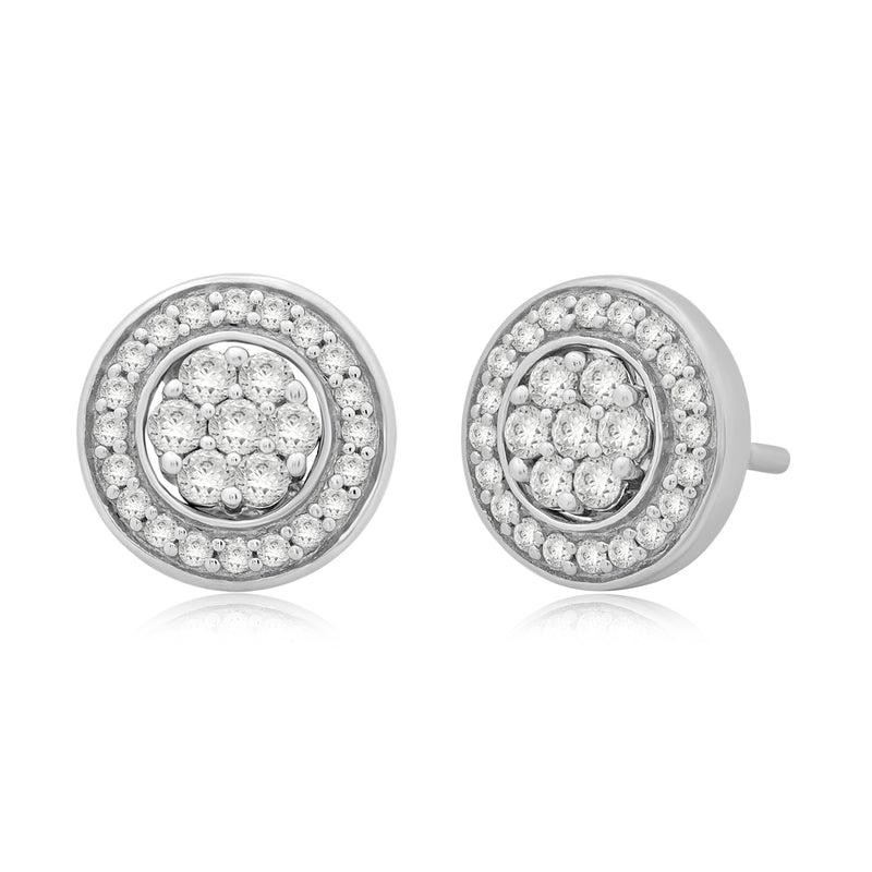 Jewelili Stud Earrings with Round Natural Diamonds Cluster in Sterling Silver 1/2 CTTW view 1