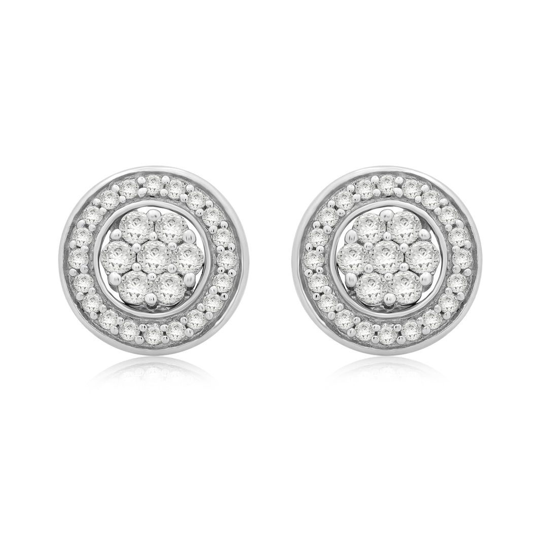 Jewelili Stud Earrings with Round Natural Diamonds Cluster in Sterling Silver 1/2 CTTW
