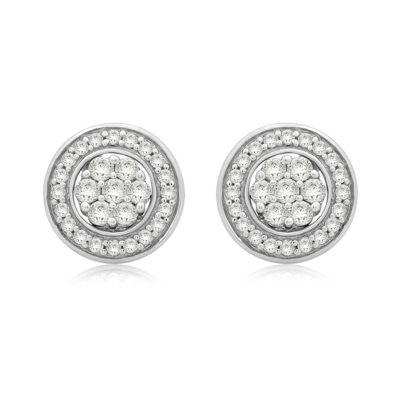 Jewelili Stud Earrings with Round Natural Diamonds Cluster in Sterling Silver 1/2 CTTW