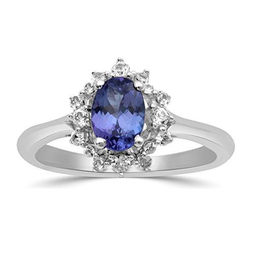 Jewelili Cluster Ring with Oval Shape Tanzanite with Round Created White Sapphire in Sterling Silver View 1