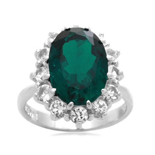 Jewelili Ring with Oval Created Emerald and Round Created White Sapphire in Sterling Silver View 1