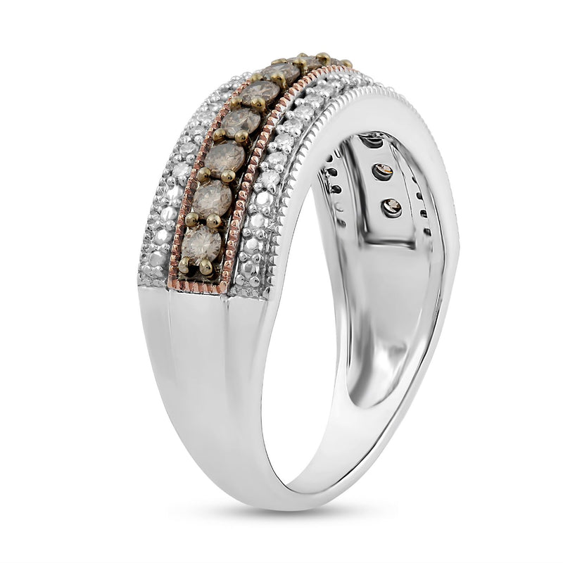 Jewelili 14K Rose Gold over Sterling Silver With 1/2 CTTW Champange and White Diamonds 3 Row Wedding Band