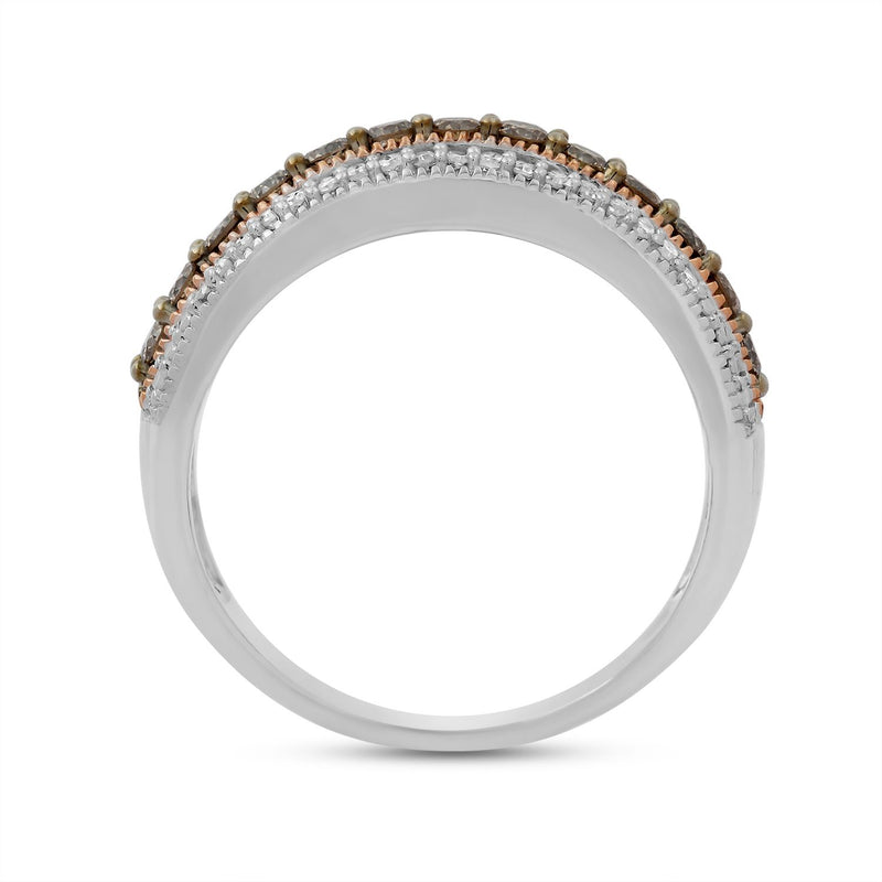 Jewelili 14K Rose Gold over Sterling Silver With 1/2 CTTW Champange and White Diamonds 3 Row Wedding Band