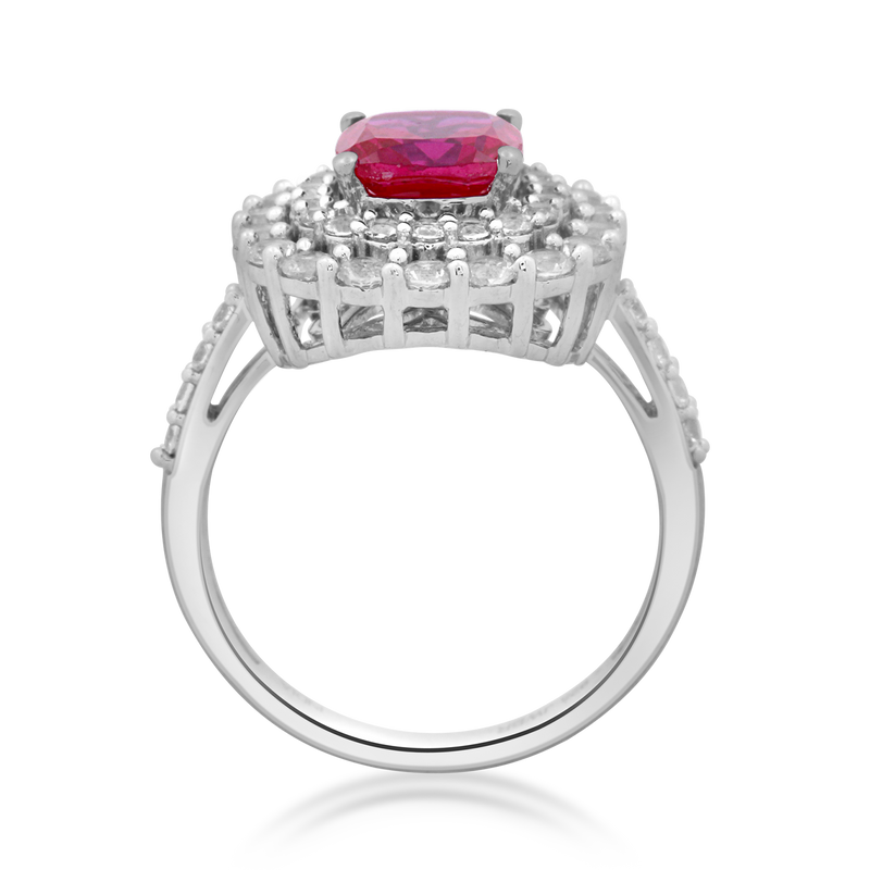 Jewelili Halo Ring with Cushion Cut Created Ruby and Round Created White Sapphire in Sterling Silver View 5