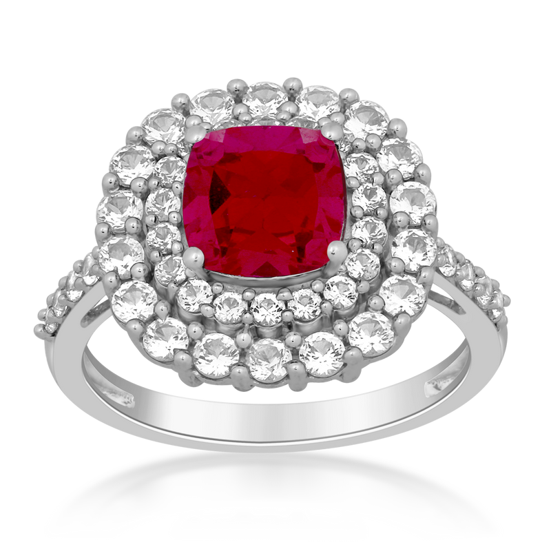 Jewelili Halo Ring with Cushion Cut Created Ruby and Round Created White Sapphire in Sterling Silver View 3