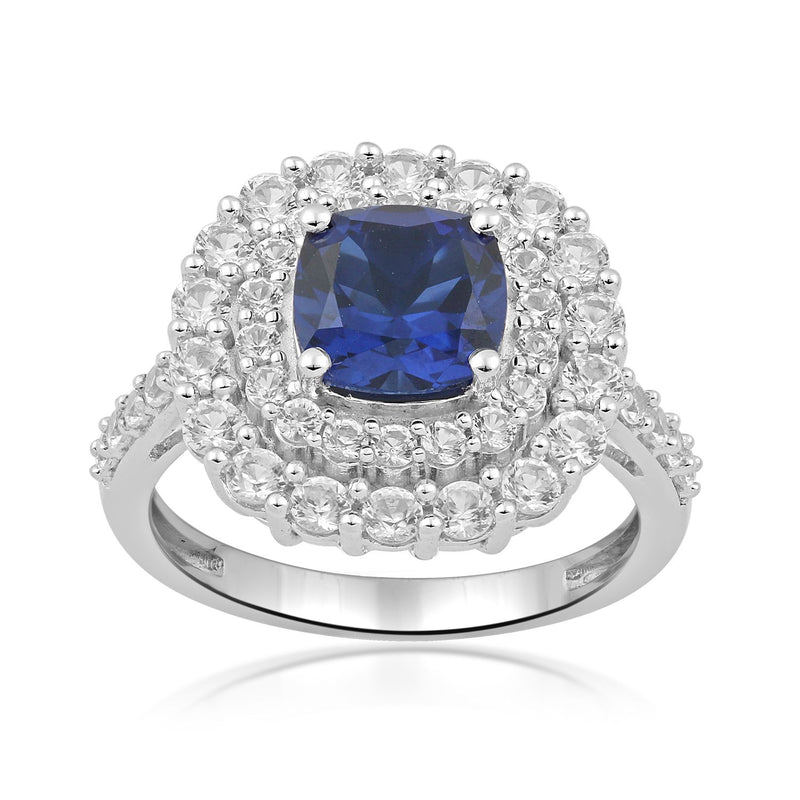 Jewelili Sterling Silver With Cushion Cut Created Blue Sapphire and Created White Sapphire Halo Ring