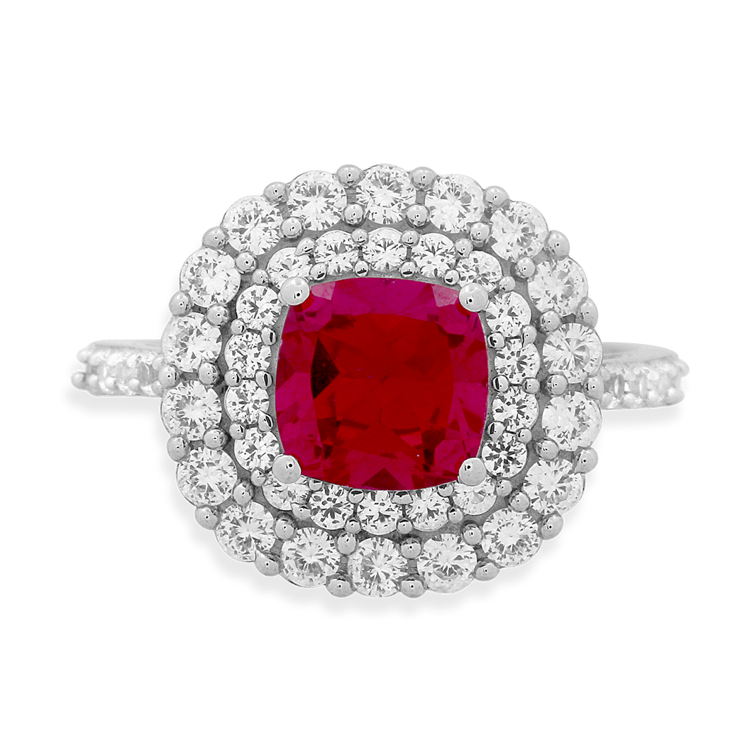 Jewelili Halo Ring with Cushion Cut Created Ruby and Round Created White Sapphire in Sterling Silver View 1