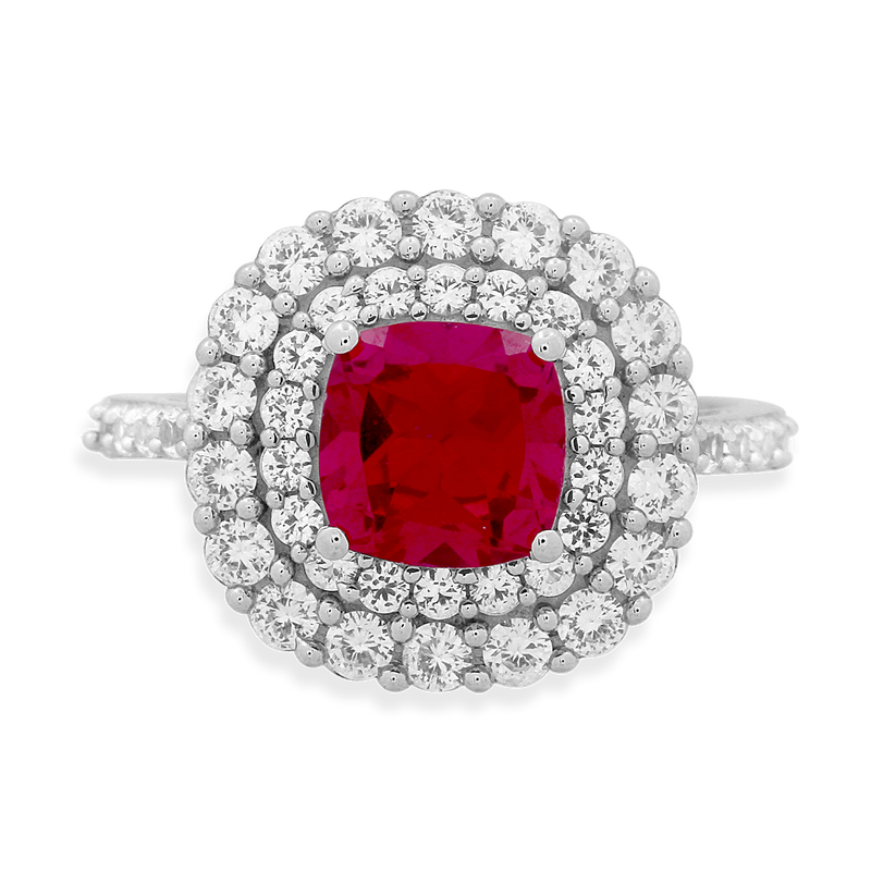 Jewelili Halo Ring with Cushion Cut Created Ruby and Round Created White Sapphire in Sterling Silver View 1