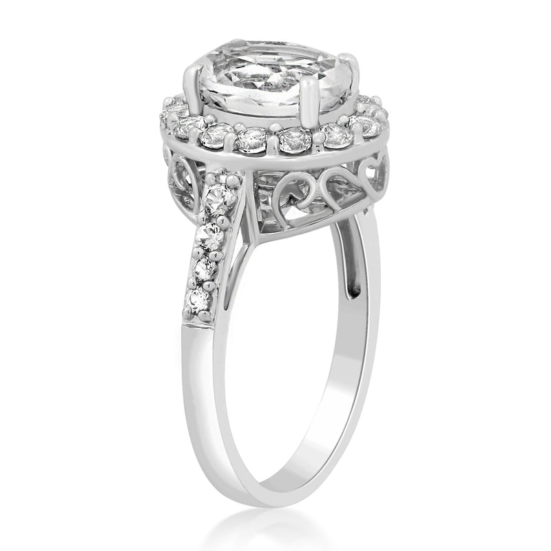 Jewelili Halo Ring with Oval and Round Created White Sapphire in Sterling Silver View 8