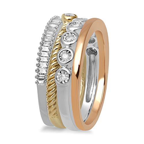 Jewelili 10K Yellow, Rose and White Gold 1/3 CTTW Baguette and Round Natural White Diamonds Trio Stackable Ring