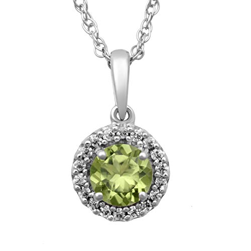 Jewelili Sterling Silver With Round Peridot and Cubic Zirconia Pendant Necklace