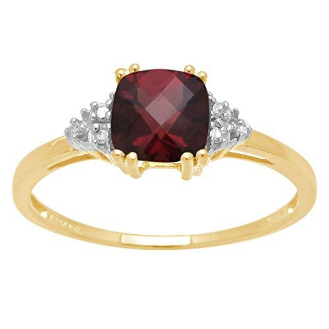 Jewelili 10K Yellow Gold With Red Garnet and Natural White Diamonds Halo Ring
