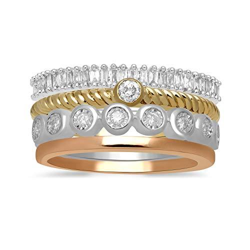 Jewelili 10K Yellow, Rose and White Gold 1/3 CTTW Baguette and Round Natural White Diamonds Trio Stackable Ring