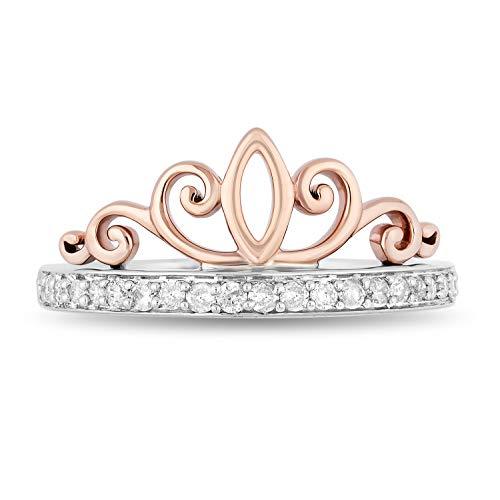 Enchanted Disney Fine Jewelry Sterling Silver and 10k Rose Gold 1/5cttw Majestic Princess Tiara Ring