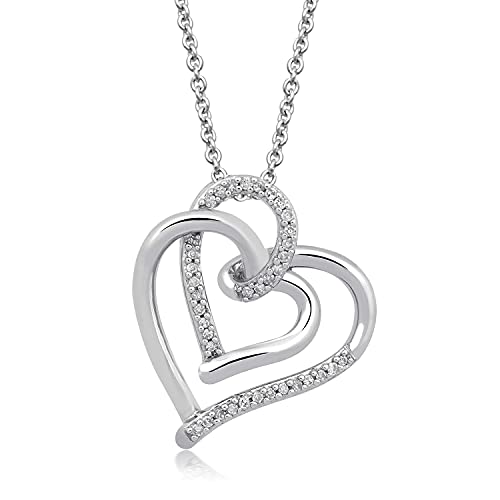 Jewelili Sterling Silver With Round Natural Diamonds Heart Shape Pendant Necklace